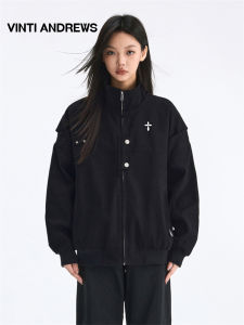 American Style Black Stand Collar Casual Jacket