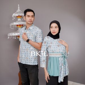 Baju Batik Couple Pasangan Kemeja Dan Blouse Ayunda Kondangan Terbaru Seragam Kerja Kantor Bahan Katun Kombinasi Jaring M L XL XXL
