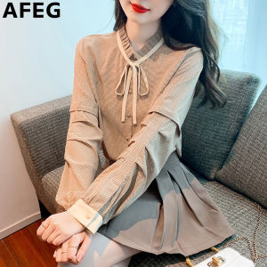 AFEG new Korean version of stand-up collar with bow fashion loose single breasted plaid chiffon long-sleeved blouse for women