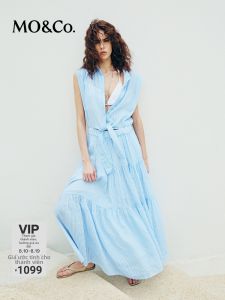 MO&Co. | Đầm Vai Rộng Cổ Bầu Dây Nịt eo Cao Vải Linen Cotton Sọc Xanh Trắng