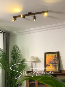 RHPOA walnut wooden LED Track Light E27 Tri-color easy to install ceiling light with three adjustable spotlights for modern interior lighting.