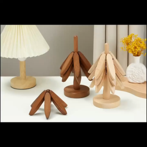 4PCS Wooden Trivets for Hot Dishes Folding Tree Shape Black Walnut Table Mat Holders Heat Insulated Pad Set Coasters for Pots