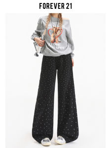 Forever 21 American Style High Waist Wide Leg Denim Pants Womens New Black Floral Polka Dot Drapey Straight Cut Trousers