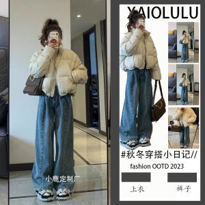 เสื้อแจ็คเก็ตผู้หญิง ชุดสองชิ้น ผ้าฝ้ายหนา ทรงเข้ารูป ทรงสั้น คอตั้ง ฤดูหนาว แฟชั่น ชุดสองชิ้น ชุดทำงาน ชุดนักเรียน