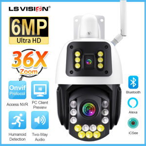 LS VISION ICSEE 6MP NVR Dual Lens WIFI CCTV Camera 36X Optical Zoom PC Client Preview Outdoor Alexa Waterproof Wireless Bluetooth Security Cameras Humanoid Detection Two Way Audio PIR Full Color Night Vision PTZ Camera
