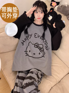 Womens Long Sleeve Sleepwear Set with Chest Pad Cute Cartoon Home Clothes Spring Autumn Winter Outdoor Wearable Comfortable Padded Nightgown