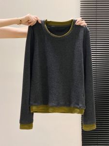 LUOSHAO | Contrast Color Round Neck Long Sleeve False Two-Piece T-Shirt Slim Fitting Inner Top