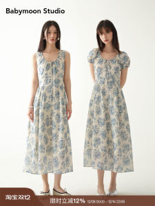 Babymoon Summer New Long Floral Print Dress Womens Waist Cinching Belted Vest Dress Cotton Material A-Line Silhouette