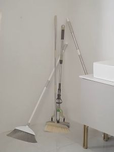 No Drill Floor Mop Broom Rack Stainless Steel Movable Storage for Commercial Cleaning