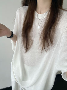 Basics Simple Hem Round Neck Loose Breathable Womens Knitted Short Sleeve