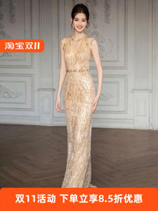 Gold Heavy Work Evening Gown Women Elegant Sequin Bridal Fish Tail Dress Small Luxury Lady Engagement Toasting Costume