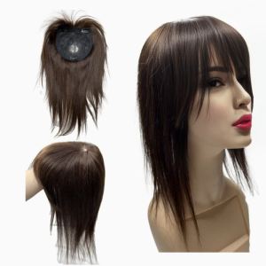 Thick Human Hair Toppers for Women with Doll Bangs Long 45cm 60g Heavy Natural Hairpiece Cover Grey Hair