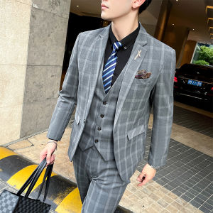 Tailored Mens Wedding Suit Set Business Casual Slim Fit Formal Tuxedo Best Man Dress Code Polyester Plaid One Button