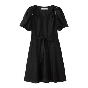 Black Tencel Bubble Sleeve V-Neck Waist-Cinching Dress Womens Fashion Autumn New Style Sedate Commute Ladylike Beaded Short Sleeve Midi Dress