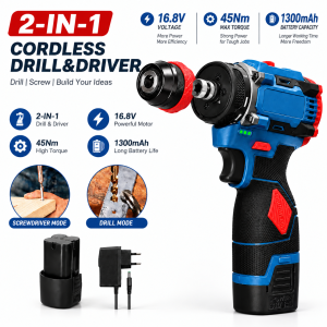 16.8V 2in1 Lithium Drill Electric Screwdriver Multi-function Power Tool 45Nm Torque Brushless Motor Practical Screw Driver