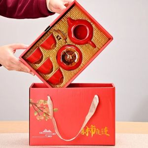 Auspicious Red Ceramic Tea Set Gift Box - Chinese New Year Wedding Corporate Gifts Good Fortune Design Teapot & Cups