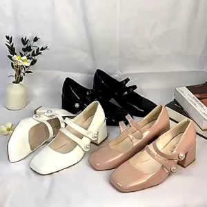 Sepatu Heels Mary Jane Wanita Korea Style Elegan • Ballerina Hak Tahu 6cm PU Import • Sepatu Pesta & Kerja Formal Size 36–40