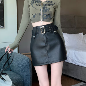 Yimei Đen cay cô gái nửa váy nữ mùa thu và mùa đông 2024 mới A-line eo cao và hông ôm chất liệu da PU Chân Váy Ngắn