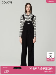 COLOVE Black Casual Pants Womens Spring Fashion Design Wide Leg Strap Stylish Trendy Straight Cut Cotton Polyester Blend