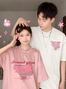 Dopamine Matching Couple T-Shirts Cotton Summer Mens Womens Short Sleeve Loose Fit Printed Casual Tops Two-Piece Set