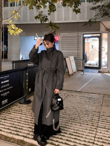 Double-Faced Cashmere Long Coat Womens Design Sense Stand Collar Belt Waist European Goods High-End Super Beautiful Woolen Outerwear