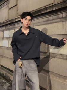 Deep Grey Deconstructed Collar Polo Shirt Mens Heavyweight Long Sleeve T-Shirt CleanFit Style Casual Wear for Autumn