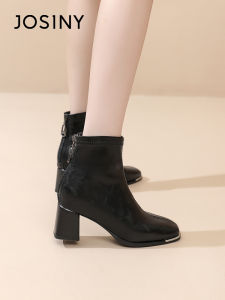 Josiny | Thick Heel High Heel Square Toe Fleece-lined Short Boots