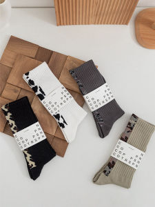 Cotton Mid-Calf Sports Socks Couple Patterned Cow Leopard Print Mens Long Tube Trendy Korean Style Anti-Odor Home Comfortable