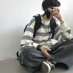 American Style Cityboy Striped Long Sleeve T-Shirt Lazy Style Sweatshirt Base Shirt for Teenagers Youth Fashion Cotton Wool Fabric