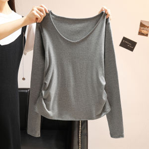 Womens Long Sleeve T-Shirt Low U-Neck Waist Cinched Inner Wear Fall New Sweet And Spicy Girl Folded Waist Base Shirt Top Versatile