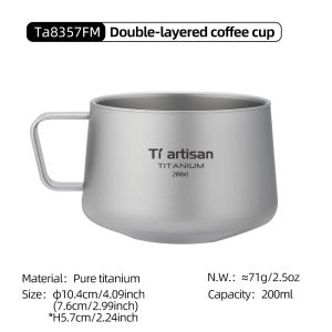 Tiartisan | Tiartisan 200ML Pure Titanium Coffee Cup Double Wall Tea Mug Espresso Cup Outdoor Camping Lightweight Portable Drinkware
