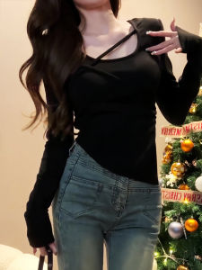 Slim Fit Long Sleeve U-Neck Base Shirt Womens Chic Design Sensation Early Autumn New Style Commute Wind Short Length T-Shirt