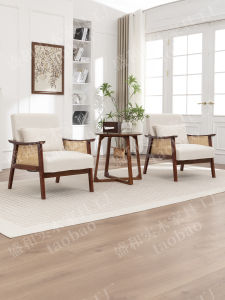 Retro Style Solid Wood Wicker Cloth Art Single Sofa Chair Combination Living Room Balcony Casual Simple Walnut Color Furniture
