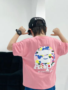 DLIDLIKIDS Summer New Colorful Print round Neck Short Sleeve T-Shirt for Boys Pink Trendy Kids Clothing Cotton Polyester Blend