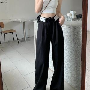 กางเกงขายาวทรงตรงเอวสูงสีดำ กางเกงขายาวทรงหลวมสบายๆ สำหรับผู้หญิงในช่วงฤดูร้อน กางเกงขายาวทรงหลวมสไตล์สตรีทสำหรับใส่ไปทำงาน