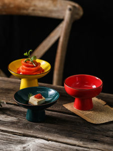 Retro Chinese Style Ceramic High Footed Small Ceramic Plate round Shape for Snacks Dim Sum Dessert Tea Time Fruits Display