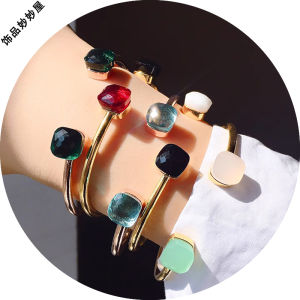 Luxurious Colorful Gemstone Crystal Bracelet for Women Adjustable Open Hand Ring Minimalist Trendy Fashion Jewelry Accessory