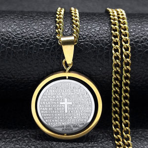 Christian Bible Lords Prayer Cross Pendant Necklace Stainless Steel Spanish Necklaces Religious Jewelry cordao masculino N2070