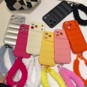 Luxury Down Jacket Furry Lanyard Case for iPhone 17 16 Pro Max Air 14 15 Plus 11 12 13 X Xr Xs Plush Wrist Strap Winter Cover