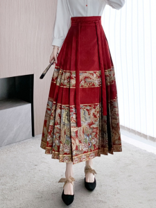 Red Printed Qipao Style Half-length Skirt: A Chinese New Style High Waist Poly Fiber A-Line Midi Skirt