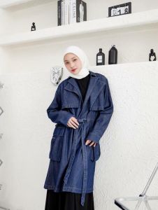Baju Atasan Muslimah Wanita Denim Halus Tebal Wudhu Friendly Fashionable Stylish Cantik Denim Coat Blue Black