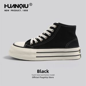 HuanQiu | Pink Thick-soled Canvas Shoes Classic High-top Elevating Casual Shoes