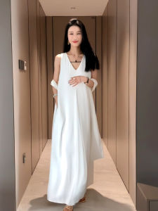 Váy Vest Không Tay Cổ Chữ V Kiểu Pháp Cho Nữ Mùa Hè Thời Trang Rộng Rãi Váy Midi Dài Đi Biển Váy Chữ a Cạp Cao