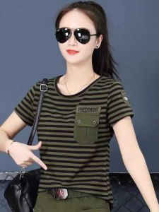 Camouflage T-shirt Womens Summer Black Short Sleeve Sailor Dance Costume New Arrival Stretch Pure Cotton plus Size Workwear round Neck Tops