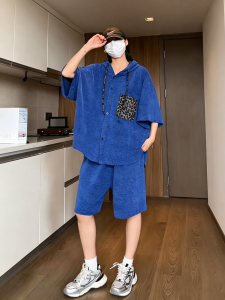 Bộ Quần Short Tay Ngắn Có Mũ Trùm Đầu Màu Xanh Klein Cho Nam Mùa Hè