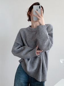 Autumn Winter Womens round Neck Loose Long Sweater Thick Warm Slimming Versatile Retro Meat Concealing Comfortable Knitwear