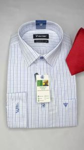 Áo sơ mi dài tay Việt Tiến trắng kẻ ô 1S6538 - Regularfit vạt bầu