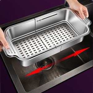 Stainless steel telescopic sink filter basket adjustable length used for cleaning fruits draining spaghetti and dishes