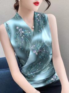 เสื้อชั้นในแขนกุดคอวีพิมพ์ลายแฟชั่นสำหรับผู้หญิง ฤดูร้อน 2024 เสื้อชั้นในทรงเข้ารูปเอวเข้ารูป เสื้อกั๊กแขนกุด