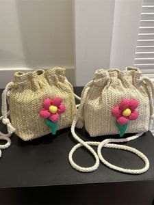 กระเป๋าถือทรงถังใบเล็กสไตล์ญี่ปุ่นสำหรับผู้หญิง กระเป๋าสะพายไหล่แบบลำลอง ผ้าไนลอน ไม่มีซิป กระเป๋าถือทรงถังแบบถักจากหญ้า